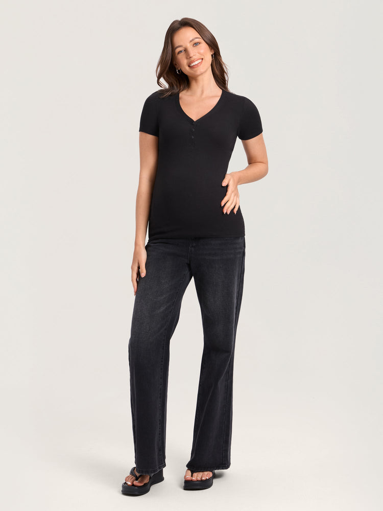 Cotton Rib Henley Maternity Short Sleeve Shirts