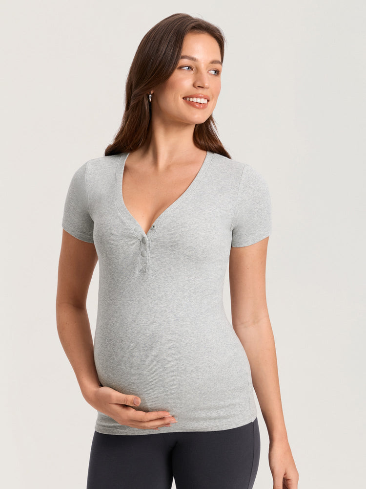 Cotton Rib Henley Maternity Short Sleeve Shirts